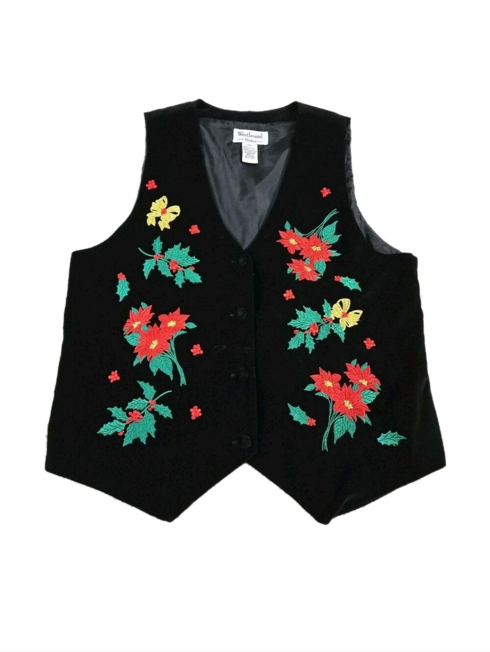 Vtg Velvet Christmas Vest Embroidered Holly Mistletoe Poinsettia Festive PM